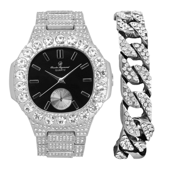 Bigger is Better Oversized or Baguette Diamonds for The Luxurious King-Your Style! Your Choice!-Bling-ed Out Oblong Metal Mens Watch w/Cuban Bracelet- ST10316CE Cuban (ST10316CE SLV BLK -C)