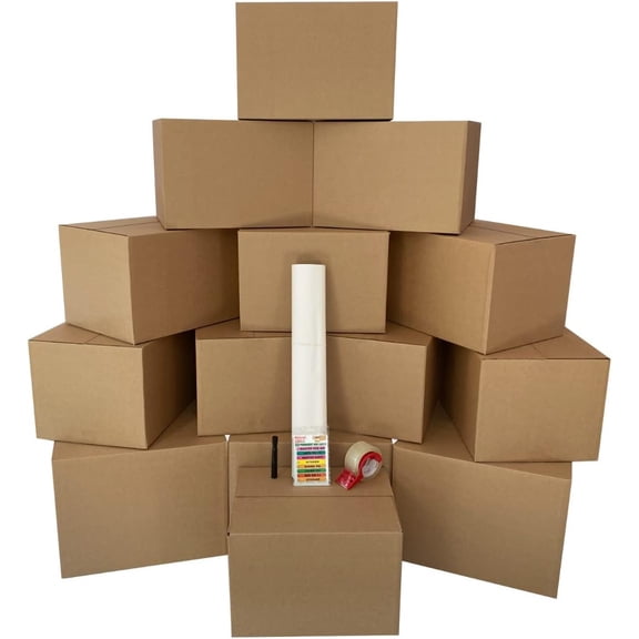 Bigger Boxes Smart Moving Kit #1, Moving Boxes & Supplies, 1 to 2 bedroom Kit, Medium & Large Boxes, 60 Moving Labels, Packing Paper & Packing Tape, Apartment Moving Kit