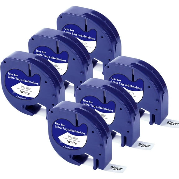 Bigger Label Maker Tape, 0.47" x 13 ft, Black on White, 6 Count, 6 Pack