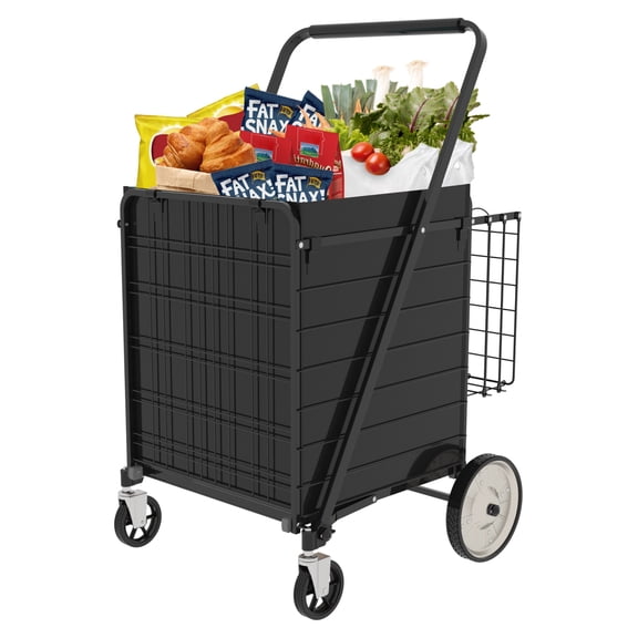 Bigger Super Jumbo Shopping Cart,Grocery Cart on Wheels, Foldable Utility Shopping Carts with Double Basket and 360 Rolling Swivel Wheels for Groceries Laundry