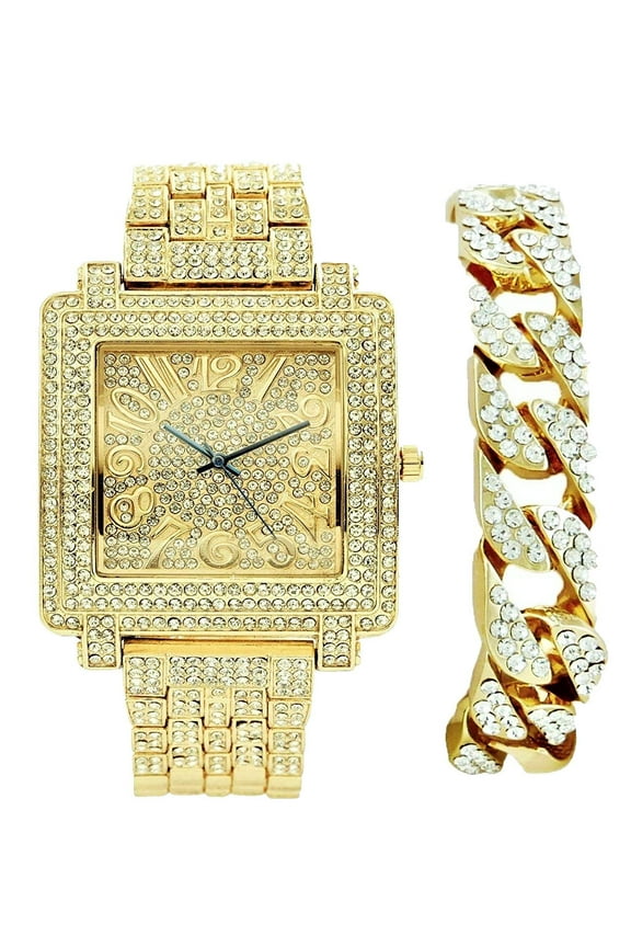 Biggie Bling-ed Out Easy Reader - Arabic #'s on Dial of Square Unisex Watch - Perfect for Men & Women Wanting to be on Point - Set Includes Bling-ed Out Gold Cuban Bracelet - ST10246GB -Cuban