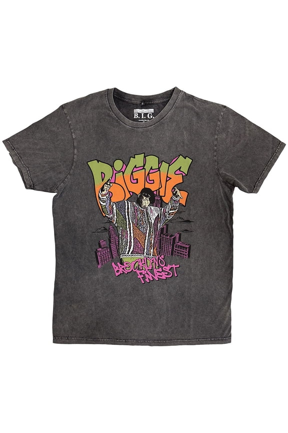 Biggie Smalls Unisex Stone Wash T-Shirt Cartoon Graffiti (Charcoal Grey) (Medium)