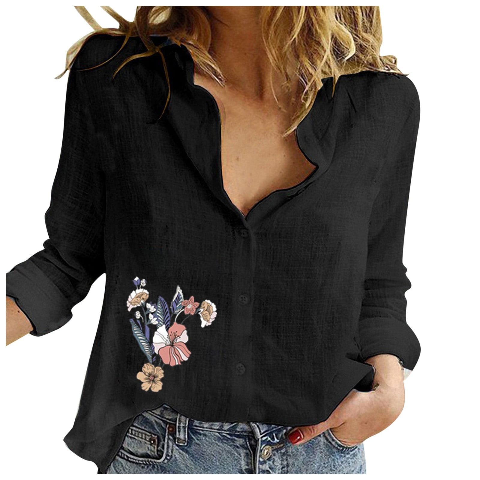 Biggon 2024 Ladies Top Fashion Long Sleeve Lapel Shirt Single Printed