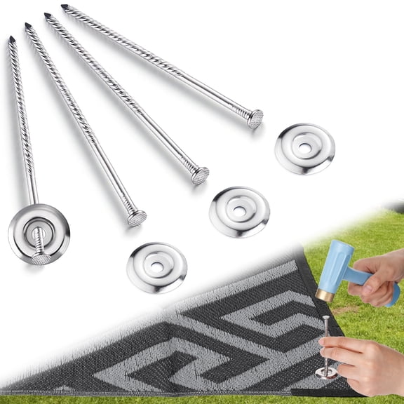 Biggun 4 Sets Outdoor RV Rug Stakes, 6in Sturdy 304 Stainless Steel Camping Stakes, RV Camping Accessories Camper Must Haves for Fixing Outside Carpets Tents - No More Moving, Silver