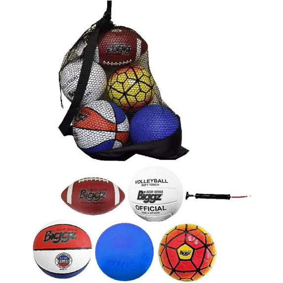 Biggz Bag of Sport Balls – Basketball, Soccer Ball, Football, Volleyball, Playground Ball, and Pump