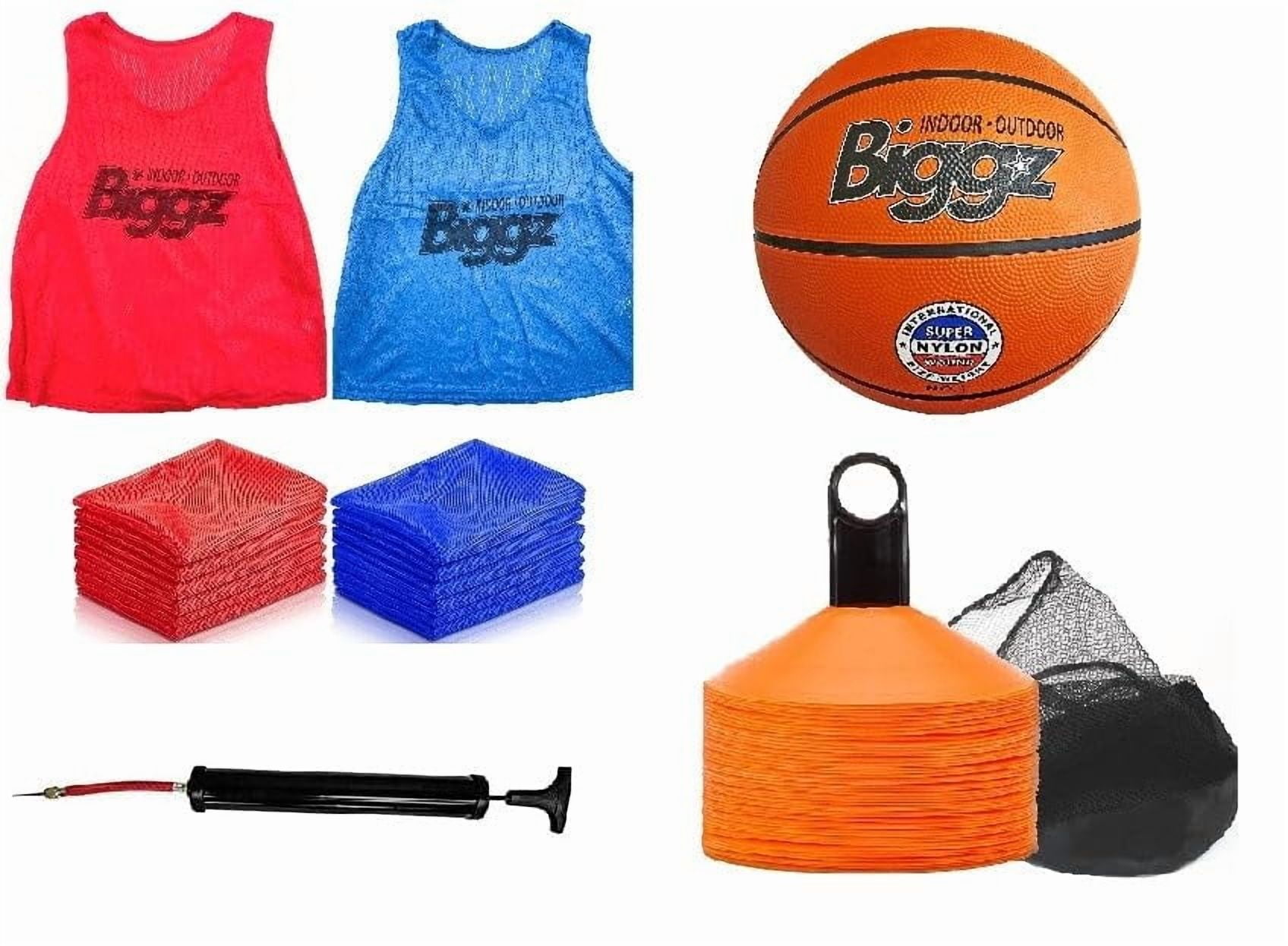 Biggz Basketball Starter Kit - 24 Mesh Colored Vest with Size 6 Basketball and Pump + Bonus 25 Cones