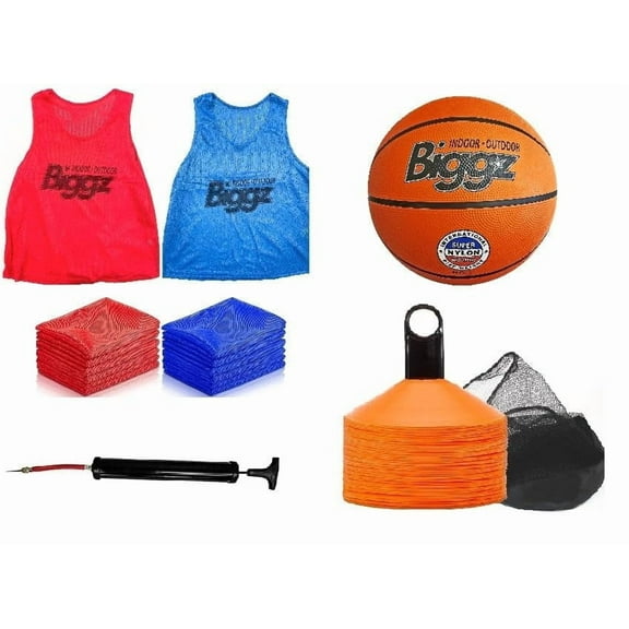 Biggz Basketball Starter Kit - 48 Mesh Colored Vest with (2) Size 6 Basketballs and (2) Pumps + Bonus 25 Cones