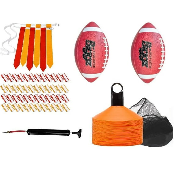 Biggz Flag Football Starter Kit - 48 Belts with (2) Junior Size Footballs and (2) Pumps + Bonus 25 Cones