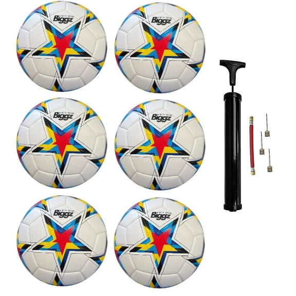 Biggz High Tech Mould Starz Soccer Ball Size 5 (6 pack) with (1) Hand Pump