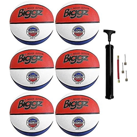 Biggz Official 7 Basketballs - Red/White/Blue, 6 Pack, 2-Ply Internal Pressure-Lock Butyl Bladder, Improved Grip, Enhanced Control, All-Court Performance