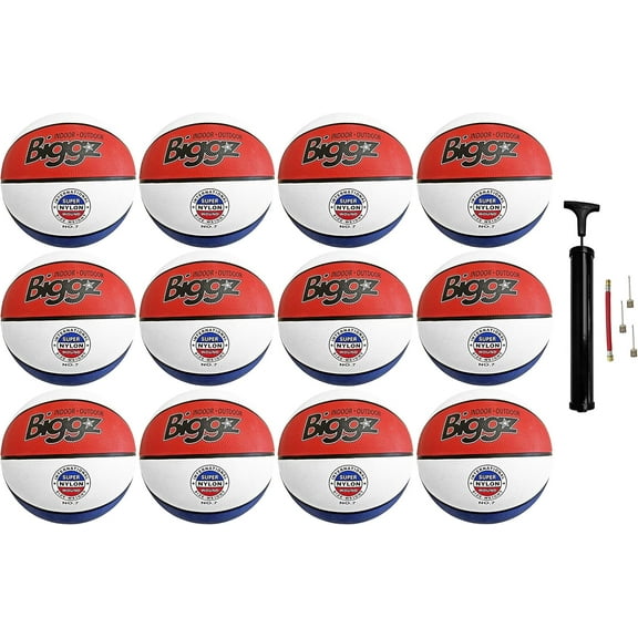 Biggz Official Size 7 Basketballs - Red/White/Blue Bulk Basketballs with Hand Pump - 6,12,50 Pack Options