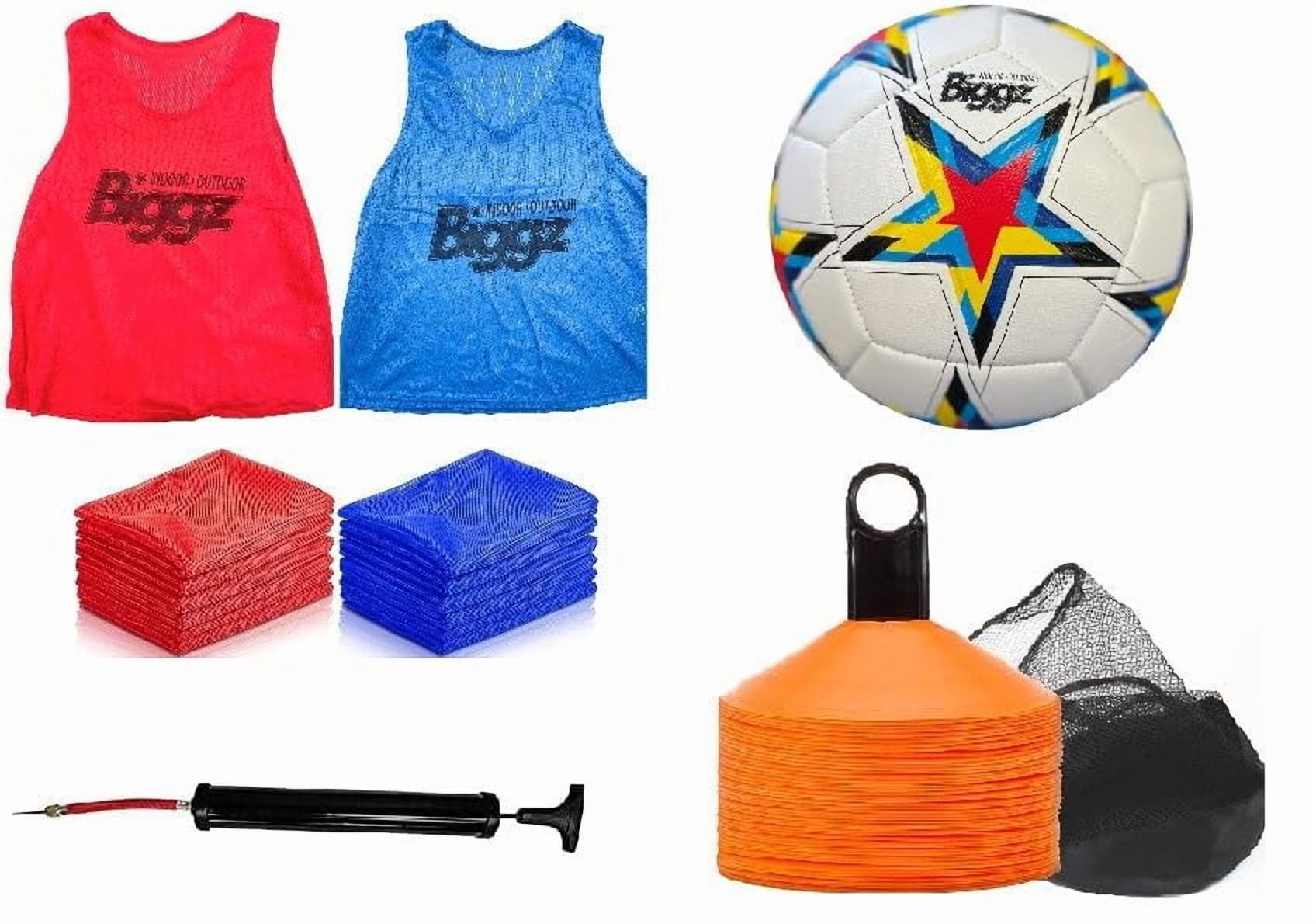 Biggz Soccer Starter Kit - 24 Mesh Colored Vest with Size 5 Soccer Ball and Pump + Bonus 25 Cones
