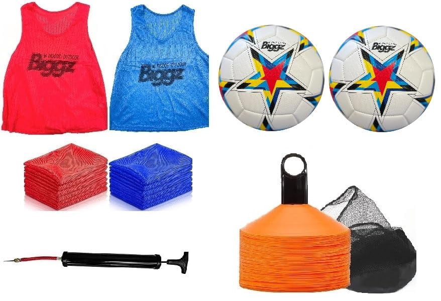 Biggz Soccer Starter Kit - 48 Mesh Colored Vest with (2) Size 5 Soccer Balls and (2) Pumps + Bonus 25 Cones