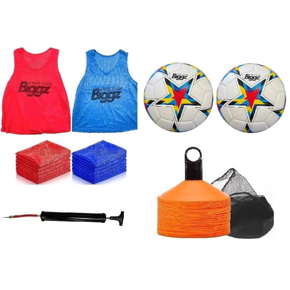 Biggz Soccer Starter Kit - 48 Mesh Colored Vest with (2) Size 5 Soccer Balls and (2) Pumps + Bonus 25 Cones