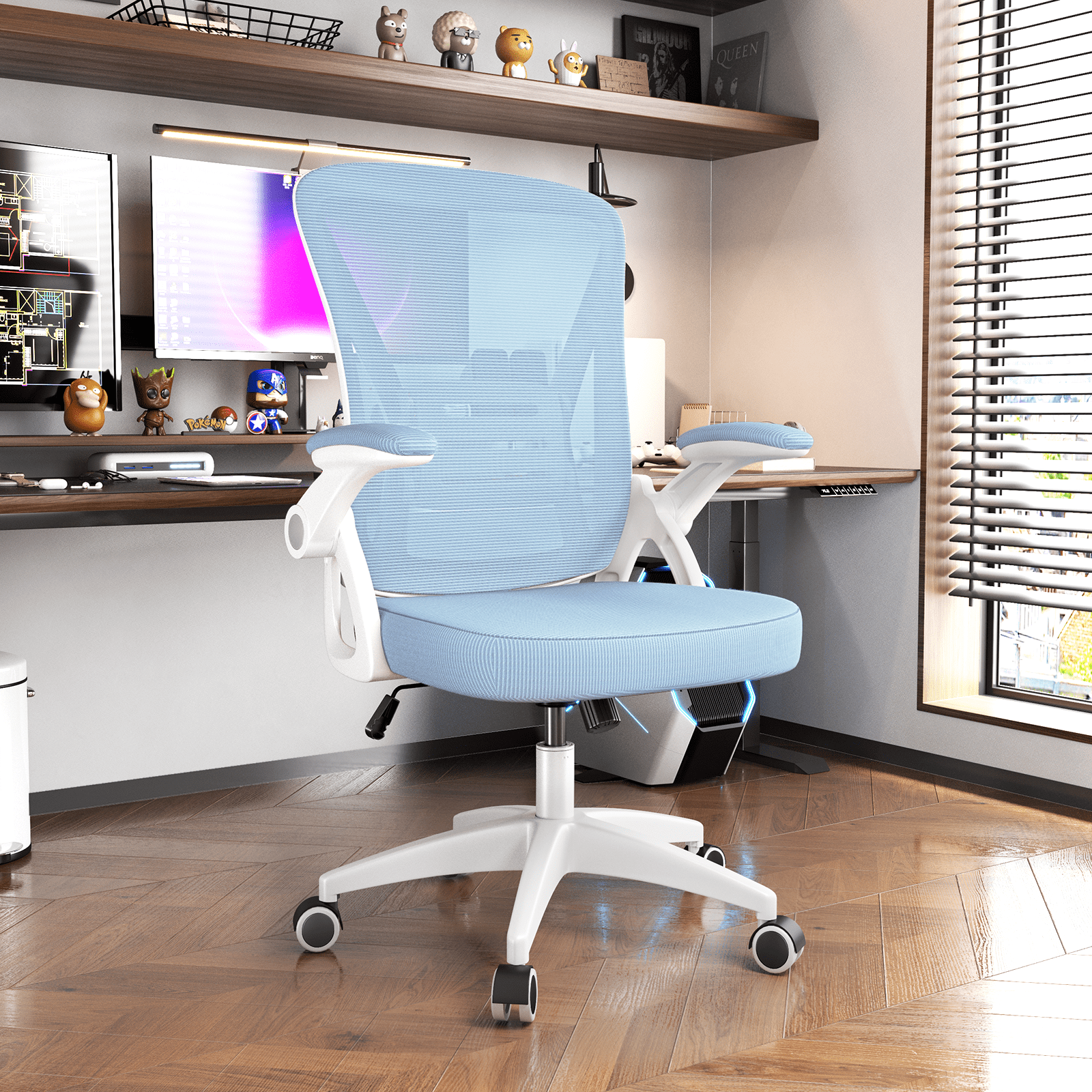 Biggzia Ergonomic Office Chair, Mid-Back Computer Chair with Adjustable Height, Flip-Up Arms and Lumbar Support, Mesh Desk Chair, Blue