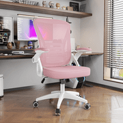 Biggzia Ergonomic Office Chair, Mid-Back Computer Chair with Adjustable Height, Flip-Up Arms and Lumbar Support, Mesh Desk Chair, Pink