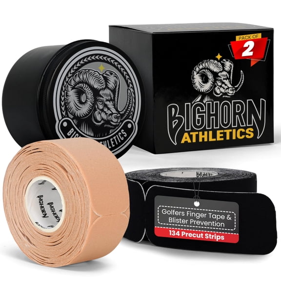 Bighorn Athletics Blister Prevention Tape for Fingers & Feet, Golf Finger Tape, Waterproof Precut Strips, Blister Protection for Running, Hiking, 2-Pack with Tin Can, Black & Nude