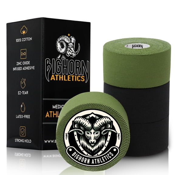Bighorn Athletics EZ-Tear Athletic & Medical Sports Tape, 1.5-Inch x 45-feet, 4-Rolls (Military Green & Black)