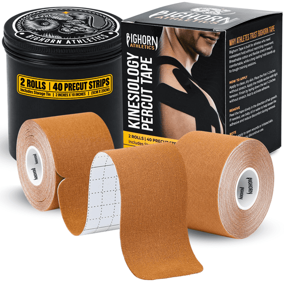 Bighorn Athletics Precut Kinesiology Tape, 2 Rolls (40 Strips 2" x 10"), Waterproof Elastic Athletic Support Tape for Knee, Ankle & Shoulder, Multi Sports Tape for Training, Running & Gym, Caramel