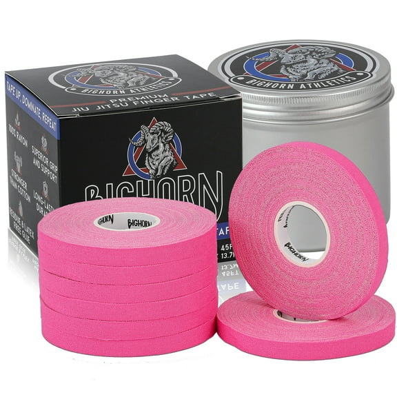 Bighorn Athletics Pro Series Jiu-Jitsu Finger Tape, 8-Rolls with Tin Holder, Enhanced Extra Strength, Residue-Free (0.3-Inch, Pink)