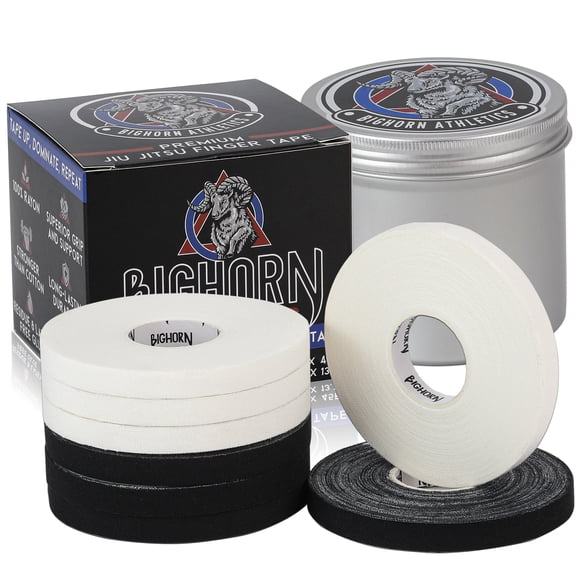 Bighorn Athletics Pro Series Jiu-Jitsu Finger Tape, 8-Rolls with Tin Holder, Enhanced Strength, Residue-Free (0.3-Inch, Black/White)