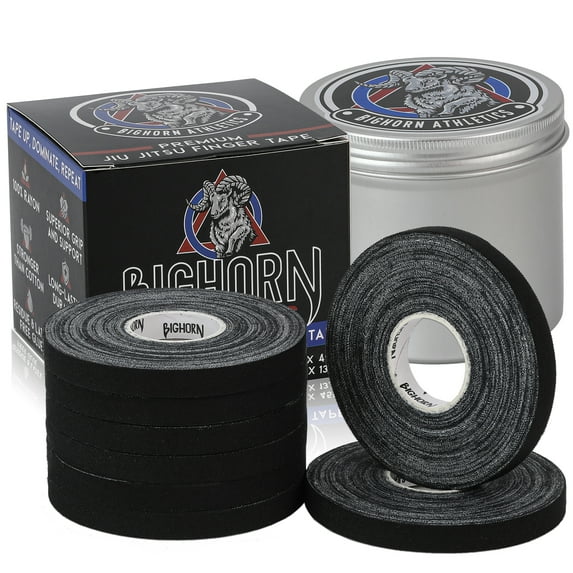 Bighorn Athletics Pro Series Jiu-Jitsu Finger Tape, 8-Rolls with Tin Holder, Enhanced Strength, Residue-Free (0.3-Inch, Black)