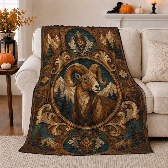 Bighorn Ram Mountain Wilderness Scene Wildlife Art, Peaceful Mountain Lake Scene, Warm Flannel Blanket for Cabin and Lodge, Outdoor Lovers Friendship Gift, Artistic Home Decor