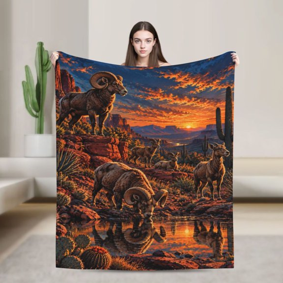 Bighorn Sheep Blanket Desert Sunset Cactus Gift for Sheep Lovers 50x40 in