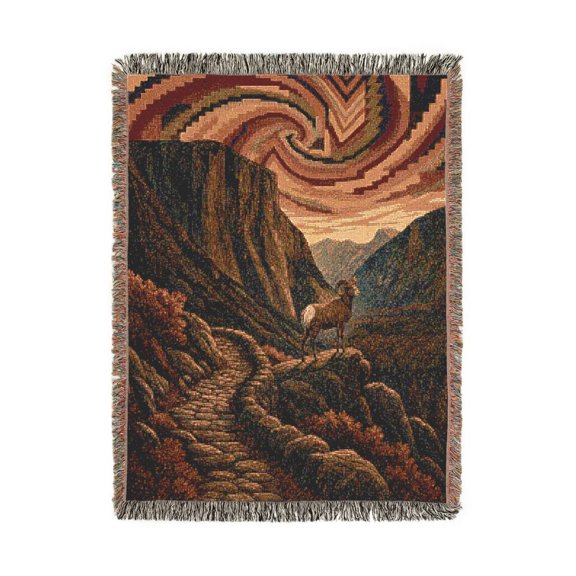 Bighorn Sheep Mountain Sunset in Rust and Charcoal Woven Blanket, 100% Cotton, Rustic Living Room Decor