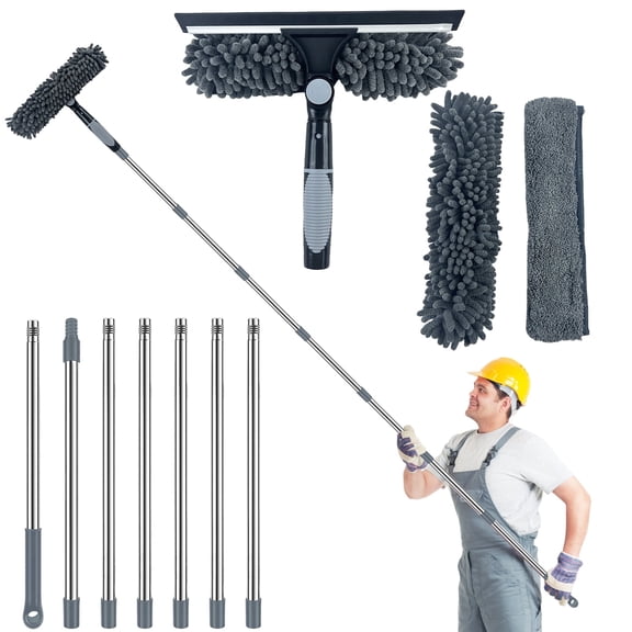Bigking 3m Window Cleaning Equipment Kit with Long Handle, 27cm Window Washing Squeegee and 28cm Scrubber Cleaning Equipment for Home, Shower Glass, Car, RV