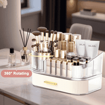 Bigking Makeup Organizer for Vanity with Stackable Drawers, 360 Rotating Makeup Brush Holder Large Cosmetic Display Case for Dresser, Bathroom Countertop Skincare Organizers and Storage, Cream White