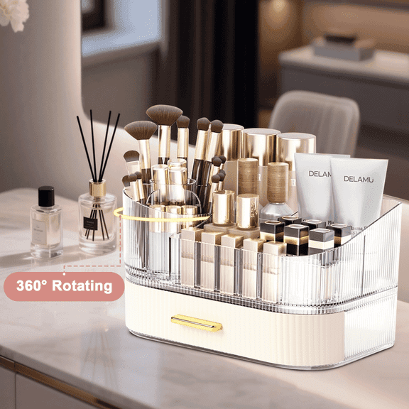 Bigking Makeup Organizer for Vanity with Stackable Drawers, 360 Rotating Makeup Brush Holder Large Cosmetic Display Case for Dresser, Bathroom Countertop Skincare Organizers and Storage, Cream White