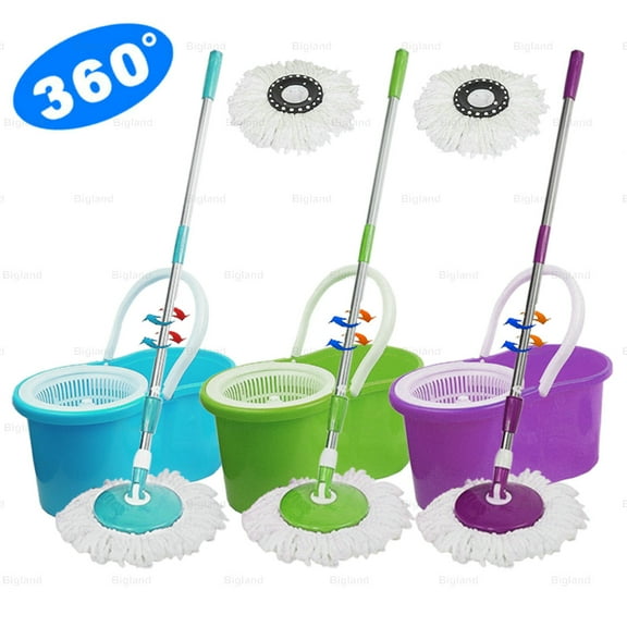 Bigland 360 Degree Rotating Head Spinning Floor Mop Bucket + 2x Head Microfiber Spinning Heads Green Color