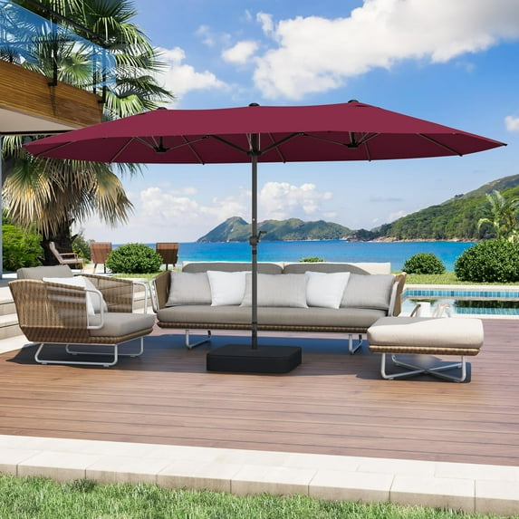 Bigleap 15ft Outdoor Patio Umbrella with Base Double Sided Garden Umbrella Rectangle Table Umbrella with Crank Handle Red