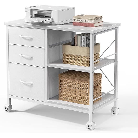 Bigleap 3-Drawer Mobile File Cabinet, Rolling Storage Cabinet with Open Shelf, Fabric Filing Cabinet for Home Office, Under-Desk Storage, White