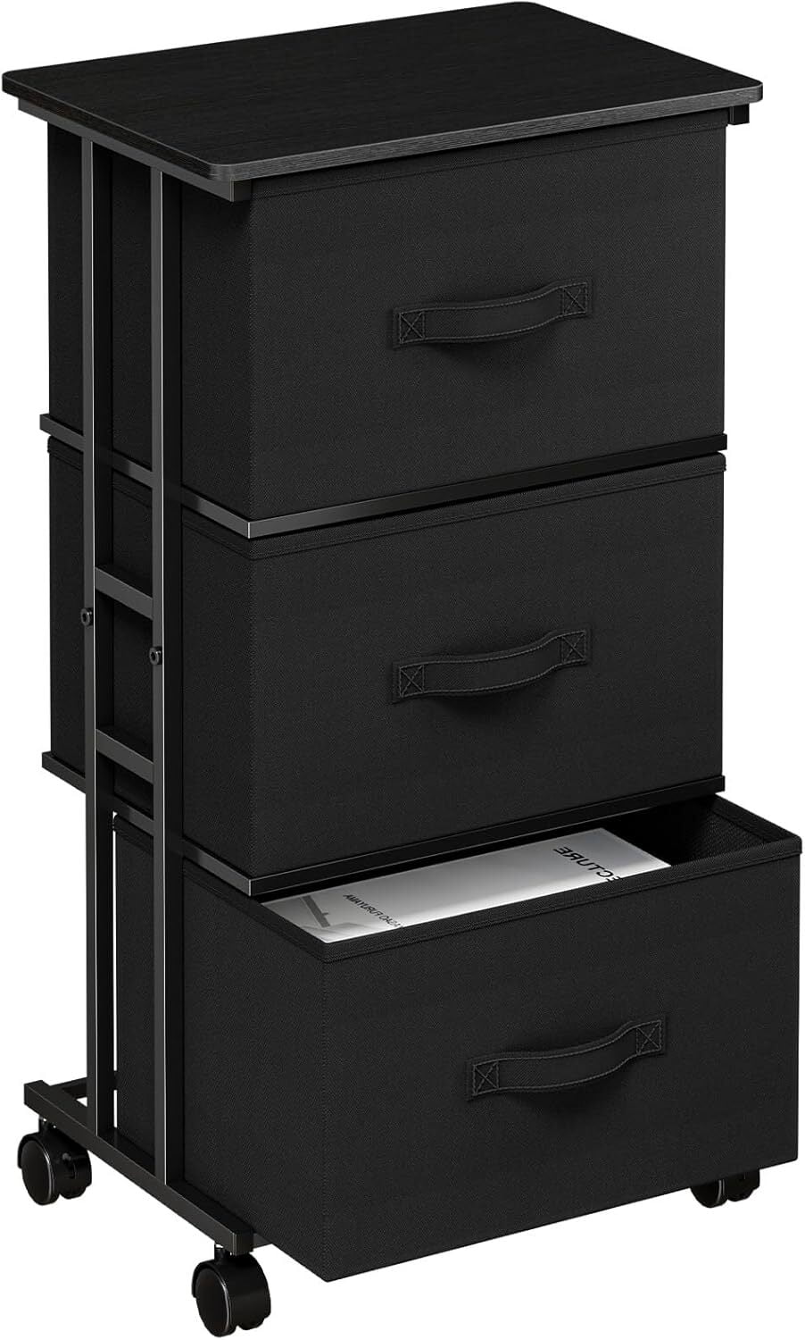 Bigleap 3-Drawer Rolling Fabric Dresser, Small Space Storage Cabinet with Wheels, Mobile Nightstand for Bedroom, Closet, Entryway, Black