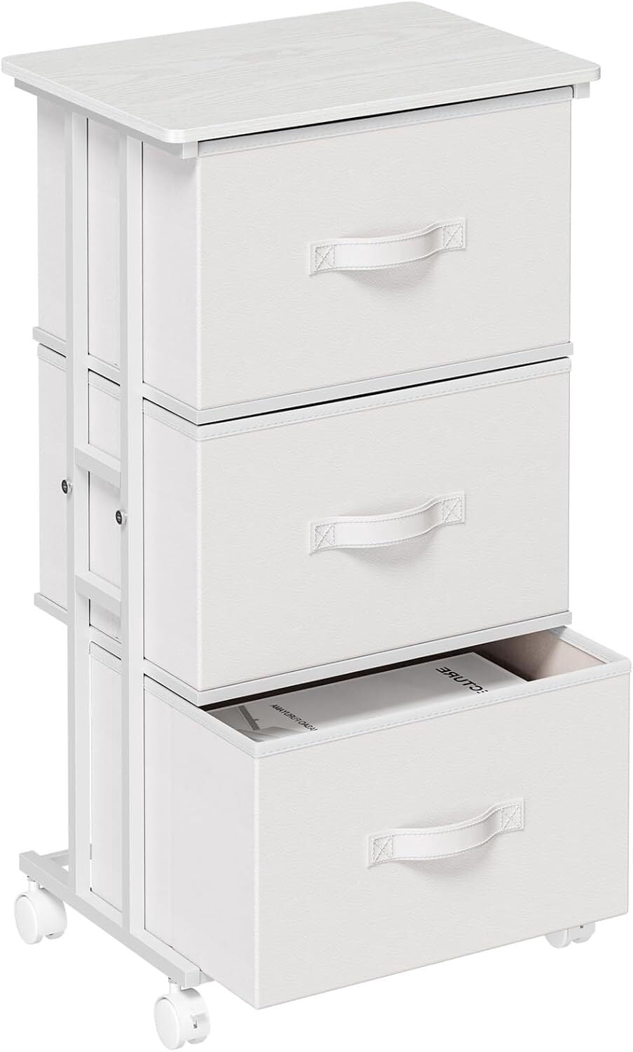 Bigleap 3-Drawer Rolling Fabric Dresser, Small Space Storage Cabinet with Wheels, Mobile Nightstand for Bedroom, Closet, Entryway, White