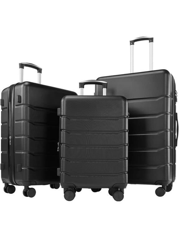 3-Piece Luggage Sets, Hard Shell Suitcases with Spinner Wheels, Lightweight Rolling Suitcase Sets with TSA Lock, Black (20/24/28 Inch)