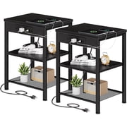 Nextay 3-Tier End Table Set of 2, Small Nightstand with AC Outlets & USB Ports for Small Spaces, Bedroom, Living Room, Black