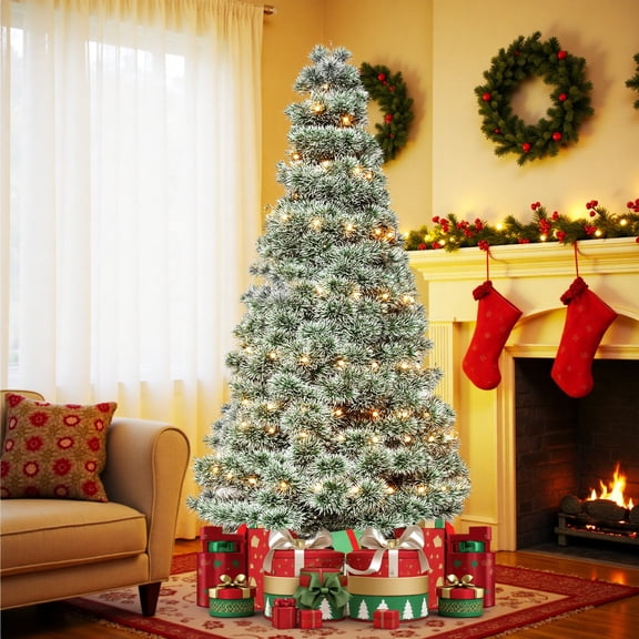 Bigleap 4.5ft Snow Flocked Artificial Christmas Tree Pre-Lit with Warm White Lights, Hinged Spruce for Home Office Holiday Decor