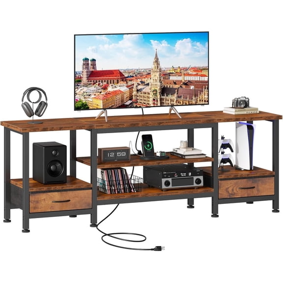 Nextay 47-inch TV Stand with USB Charging Station, Rustic Brown Media Console for TVs up to 65 Inch, 2 Fabric Drawers & Open Shelves