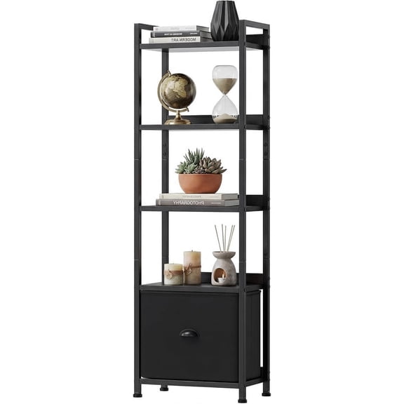 Nextay 5-Tier Narrow Bookshelf with Fabric Drawer, Tall Slim Bookcase for Small Spaces, Industrial Storage Rack for Living Room, Bedroom, Home Office, Black
