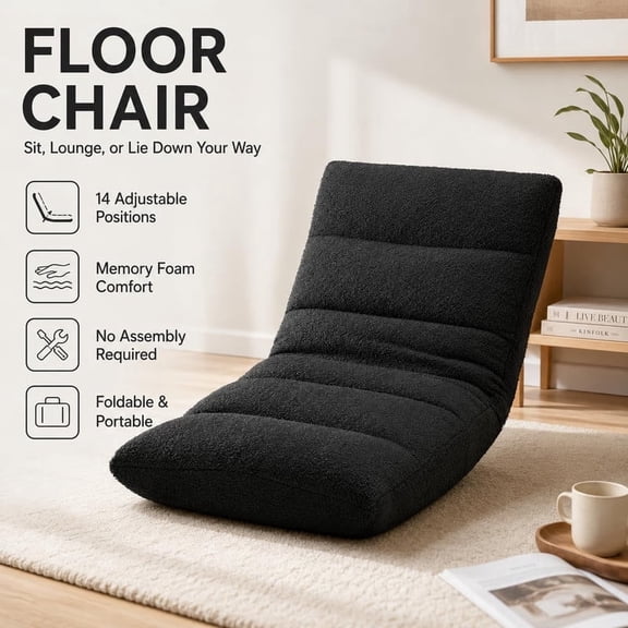 Bigleap 5-in-1 Adjustable Floor Chair, Folding Gaming Lounger & Sleeper Bed, Self-Supporting Recliner for Back Support, Padded Floor Sofa for TV/Reading/Napping, Black