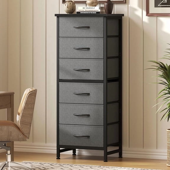 Bigleap 6-Drawer Slim Dresser, Fabric Storage Tower for Bedroom & Entryway, Sturdy Steel Frame & Wood Top for Small Spaces,Gray