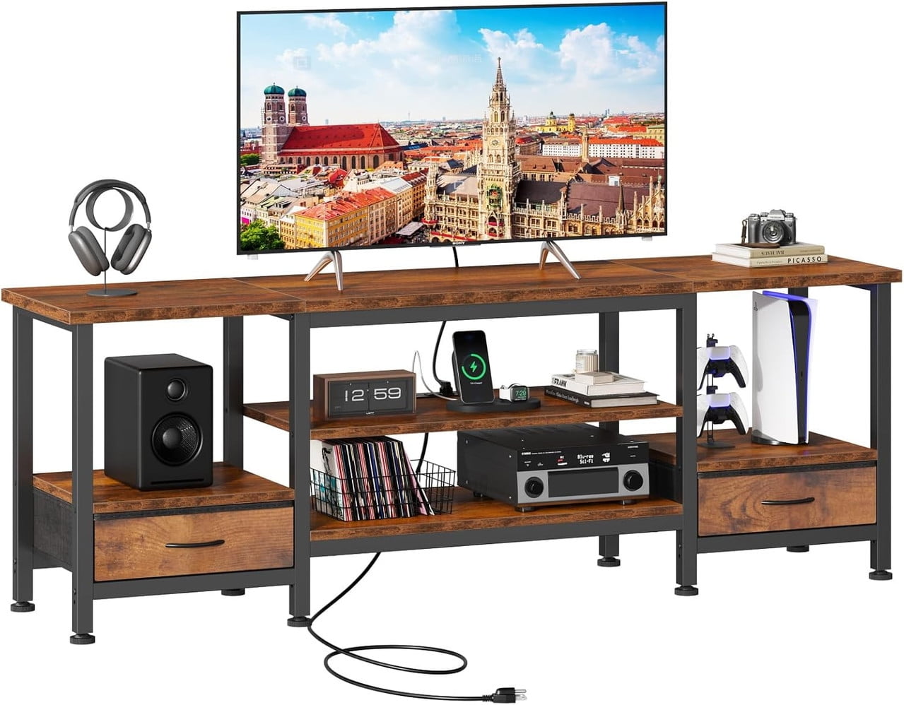 Bigleap 63-inch TV Stand with USB Charging Station, Rustic Brown Media Console for TVs up to 75 Inch, 2 Fabric Drawers & Open Shelves