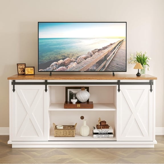 Nextay 65 Inch TV Stand with Sliding Barn Doors, Adjustable Shelves Media Console, Farmhouse Entertainment Center for Living Room Storage，White