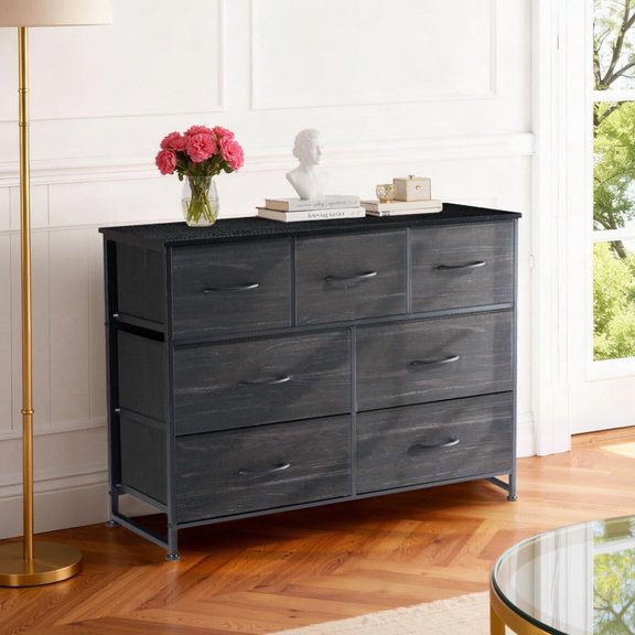 Bigleap 7 Drawer Dresser TV Stand, Dresser with Metal Frame and Wood Top, Chest of Drawers for Bedroom, Living Room,Black Wood