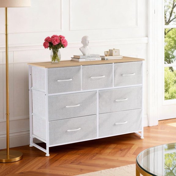 Bigleap 7 Drawer Dresser TV Stand, Dresser with Metal Frame and Wood Top, Chest of Drawers for Bedroom, Living Room,Light Gray
