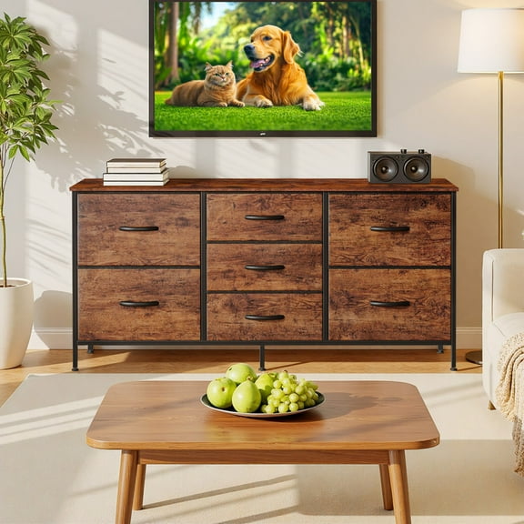 Bigleap 7-Drawer Fabric TV Stand with Wood Shelf - Versatile Media Console Dresser for Bedroom, Living Room & Small Spaces, Holds up to 50" TV, Brown
