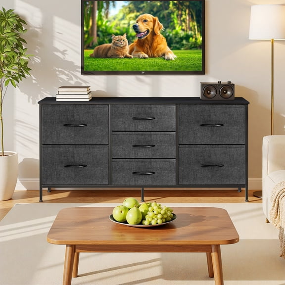 Bigleap 7-Drawer Fabric TV Stand with Wood Shelf - Versatile Media Console Dresser for Bedroom, Living Room & Small Spaces, Holds up to 50" TV, Gray